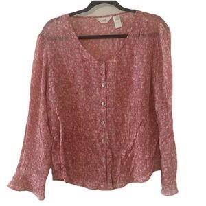 J Jill Silk Pink Floral Micro Pleated Semi Sheer Long Sleeve Button Up Top Sz S